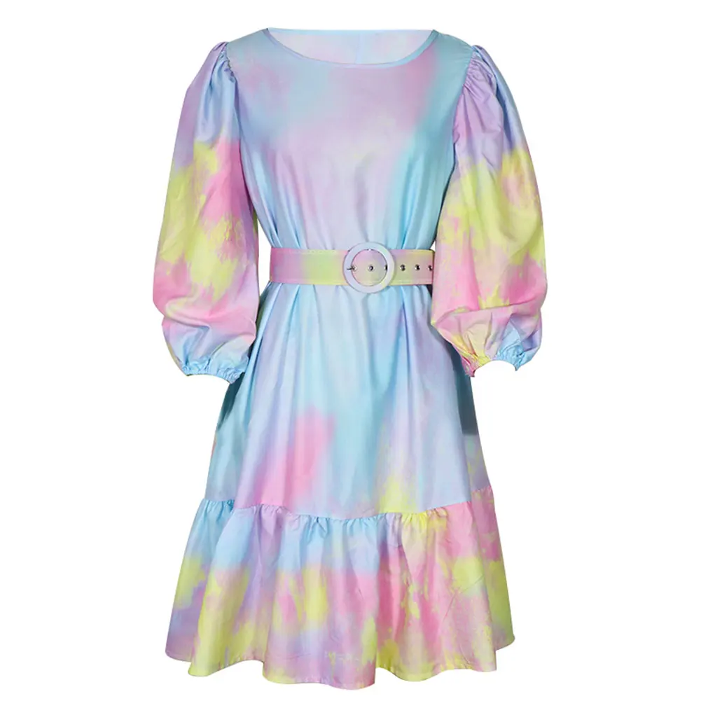 2022 Moda Renk Kravat Boya Bayanlar rahat elbise O-boyun Uzun Ruffled Puf Kollu Elbise Kemer Gece Kulübü Zarif Yaz Vestido Görüntü 3