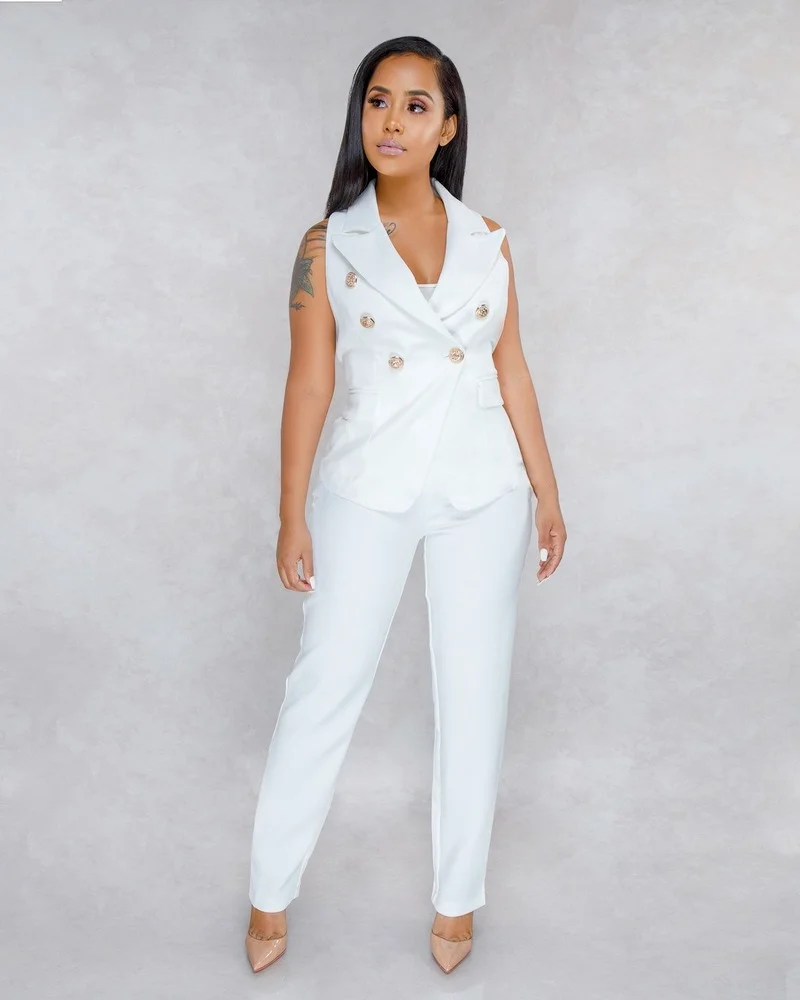Beyaz İki Parçalı Set Kolsuz Casual Ofis Blazer Kadınlar Yüksek Bel kalem pantolon Takım Elbise Düz Renk Blazer Yelek Elastik pantolon seti Görüntü 4