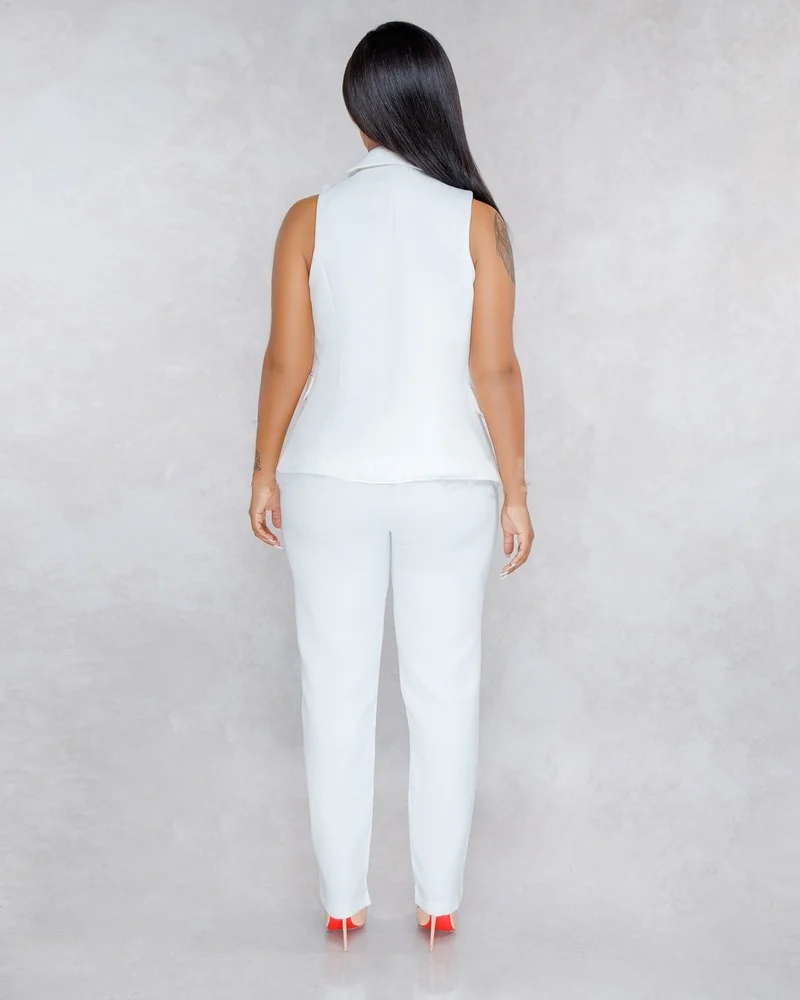 Beyaz İki Parçalı Set Kolsuz Casual Ofis Blazer Kadınlar Yüksek Bel kalem pantolon Takım Elbise Düz Renk Blazer Yelek Elastik pantolon seti Görüntü 5