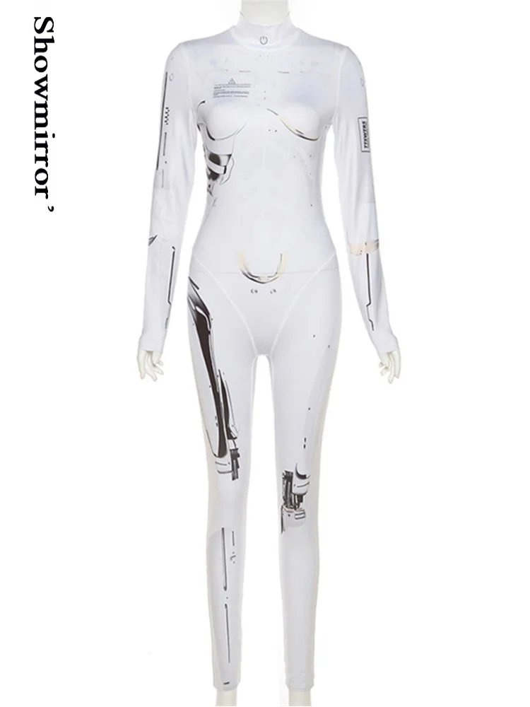 Showmirror Katı Balıkçı Yaka Uzun Kollu Baskı Zip Up Tulum Seksi Bodycon 2022 Sonbahar Moda Kıyafetler Streetwear Parti Y2K Rom Görüntü 3