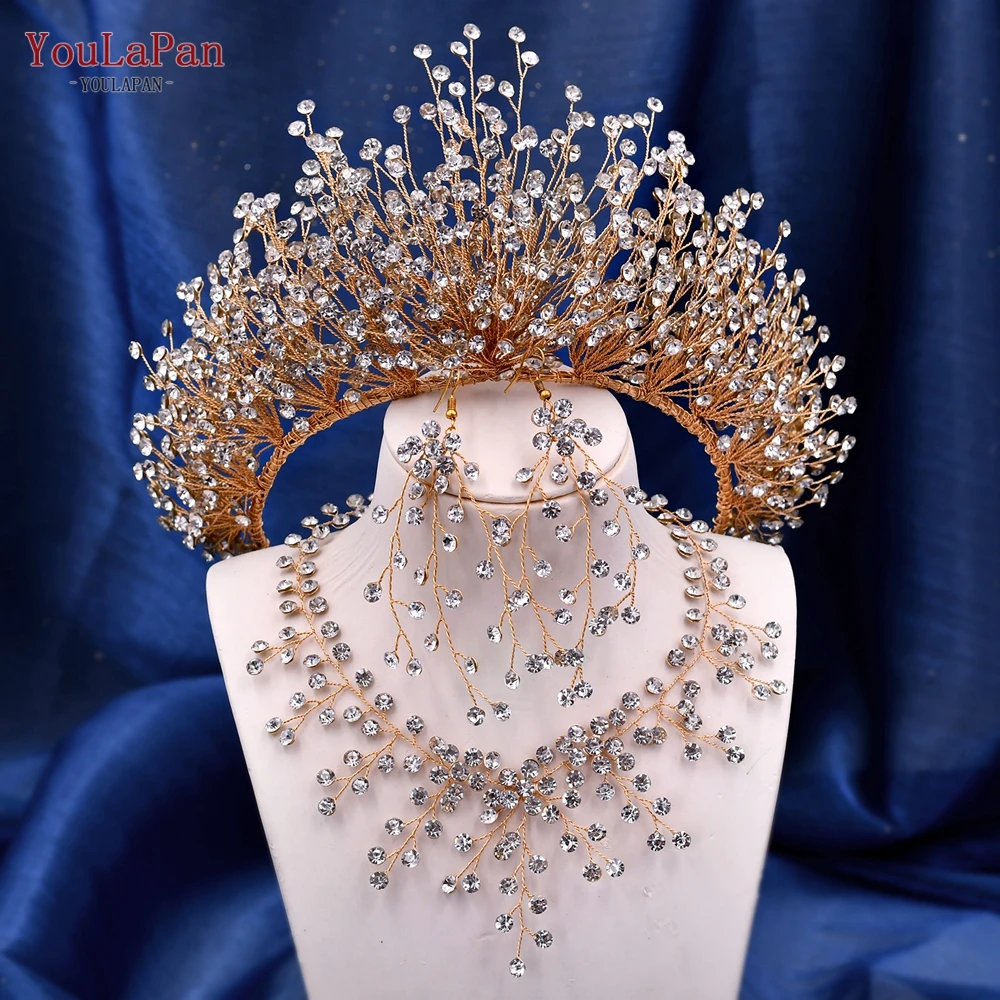 YouLaPan Altın Gelin yapay elmas taç düğün saç aksesuarları Takı Gelin Kafa Bandı Lüks Kadınlar Tiara Pageant Şapkalar Görüntü 0