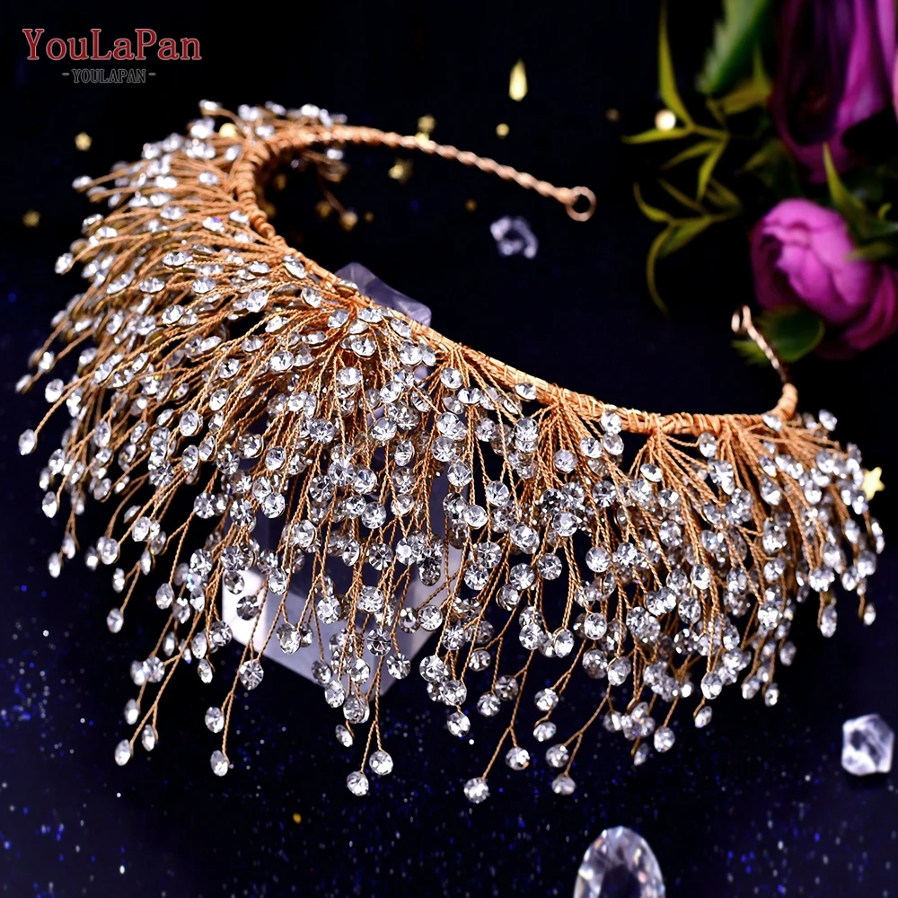 YouLaPan Altın Gelin yapay elmas taç düğün saç aksesuarları Takı Gelin Kafa Bandı Lüks Kadınlar Tiara Pageant Şapkalar Görüntü 1