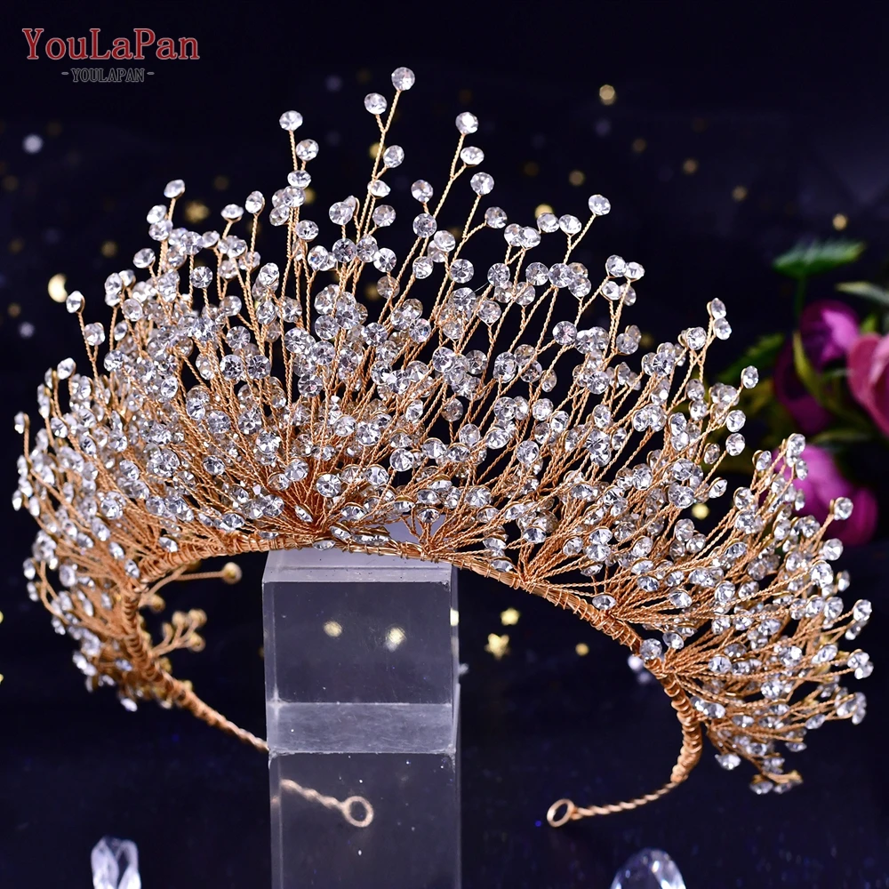 YouLaPan Altın Gelin yapay elmas taç düğün saç aksesuarları Takı Gelin Kafa Bandı Lüks Kadınlar Tiara Pageant Şapkalar Görüntü 2