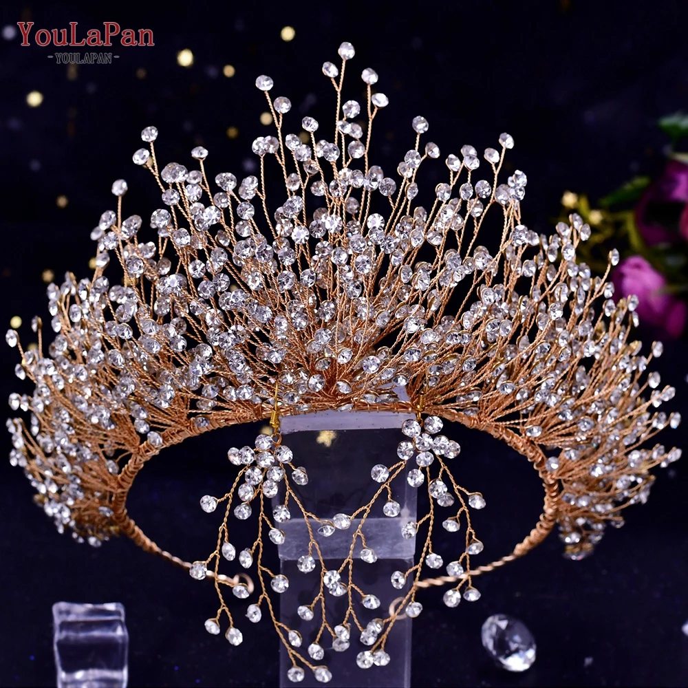 YouLaPan Altın Gelin yapay elmas taç düğün saç aksesuarları Takı Gelin Kafa Bandı Lüks Kadınlar Tiara Pageant Şapkalar Görüntü 3