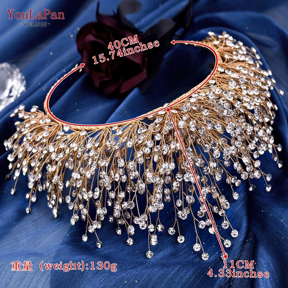 YouLaPan Altın Gelin yapay elmas taç düğün saç aksesuarları Takı Gelin Kafa Bandı Lüks Kadınlar Tiara Pageant Şapkalar Görüntü 5