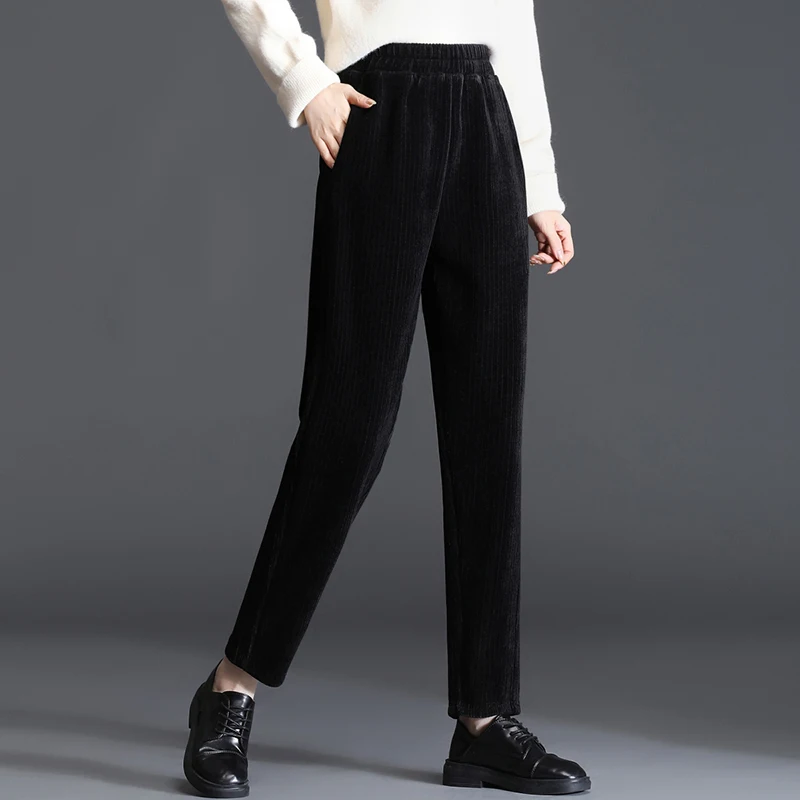 Sonbahar Kış Kadife Pantolon kadın pantolonları Rahat Cepler Gevşek Geniş Bacak Pantolon Bayanlar Moda Elastik Yüksek Bel Dipleri Görüntü 2