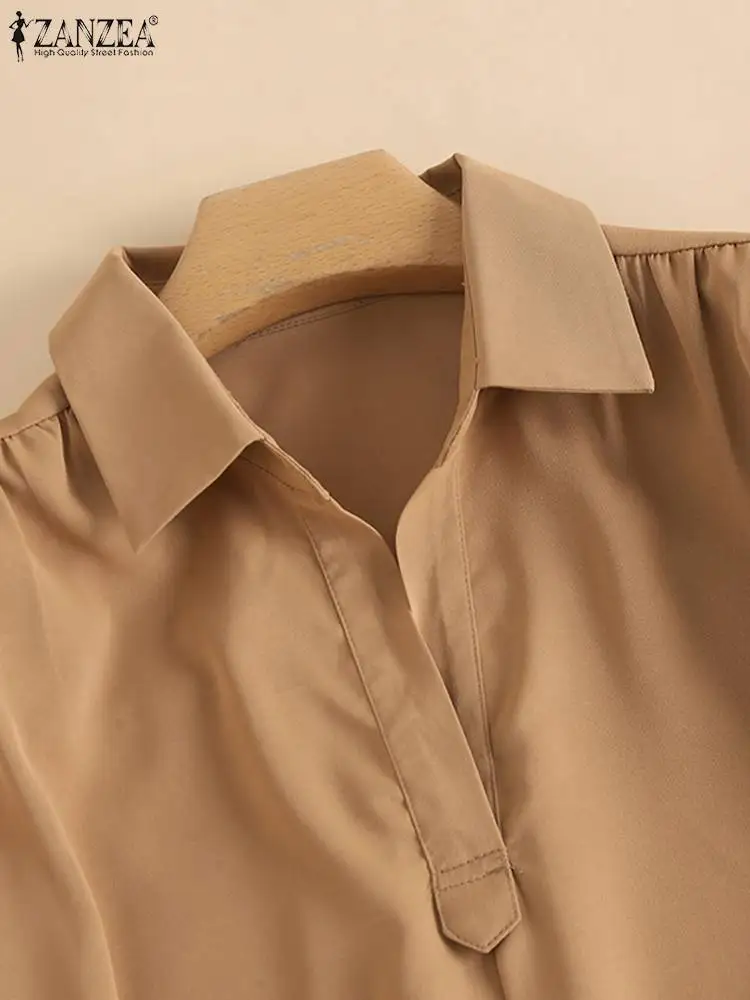 Büyük boy ZANZEA Ofis Yaka Boyun Gömlek Casual Katı Baggy Kazaklar 2022 Sonbahar Moda Kadın Bluz Gevşek Üstleri Blusa Femme Görüntü 4