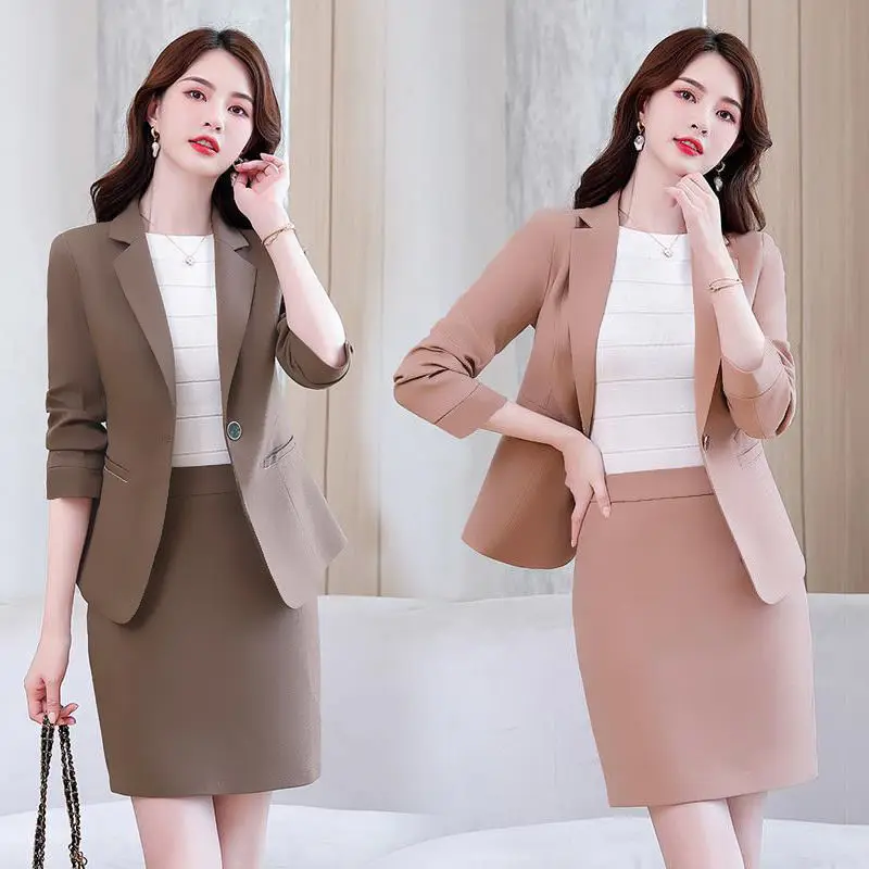 Ofis Bayanlar Katı Kıyafetler Kore İş Blazers ve Elastik Bel A-line Mini Etekler Resmi Büyük Boy 4xl Takım Elbise 2 parça Setleri Görüntü 3