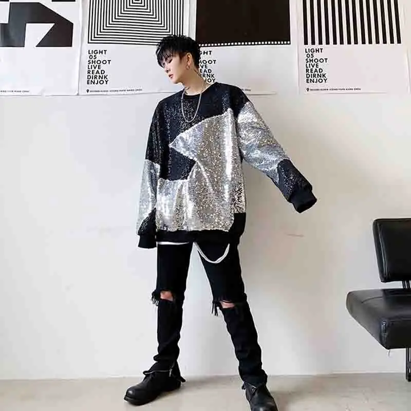 Kazak moda mağazası hip hop Peluş sonbahar gevşek ıns Pullu Ekip Boyun Kazak erkek gece Guochao ceket Görüntü 0