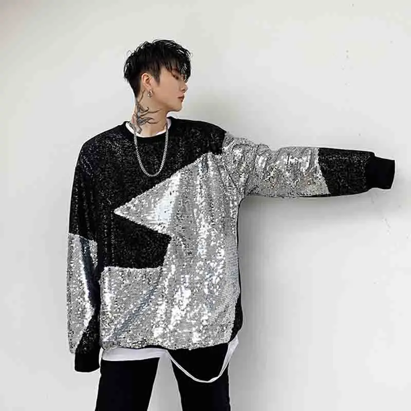 Kazak moda mağazası hip hop Peluş sonbahar gevşek ıns Pullu Ekip Boyun Kazak erkek gece Guochao ceket Görüntü 3