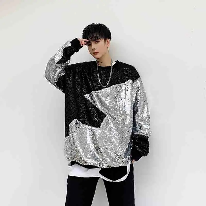 Kazak moda mağazası hip hop Peluş sonbahar gevşek ıns Pullu Ekip Boyun Kazak erkek gece Guochao ceket Görüntü 4