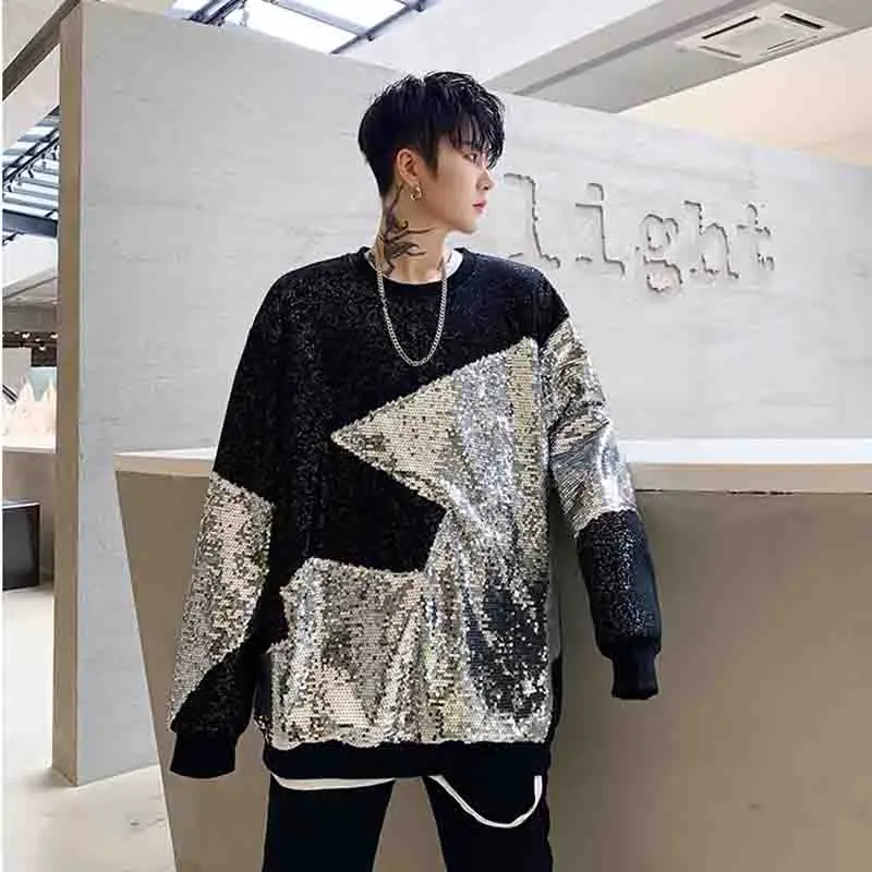 Kazak moda mağazası hip hop Peluş sonbahar gevşek ıns Pullu Ekip Boyun Kazak erkek gece Guochao ceket Görüntü 5