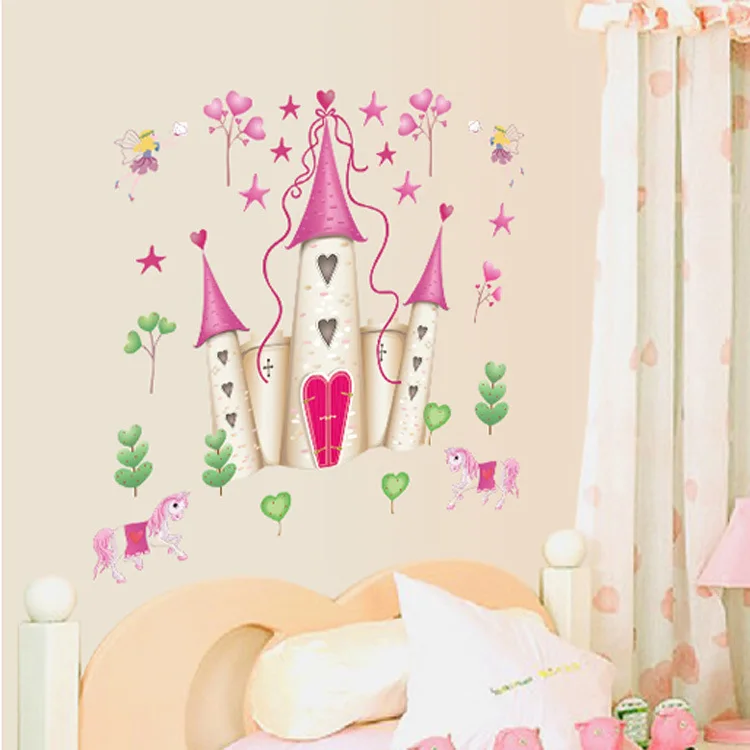 prenses kale güzel pembe karikatür prenses duvar çıkartmaları çocuk kız yatak odası anaokulu Arka Plan dekorasyon Görüntü 3