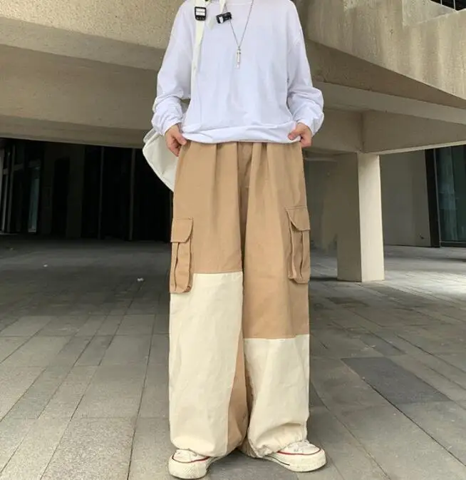 Japon Yüksek Sokak Büyük Cep Düz Gevşek Rahat Pantolon Geniş Bacak Pantolon Erkek Hippi Joggers Pantolon Görüntü 5