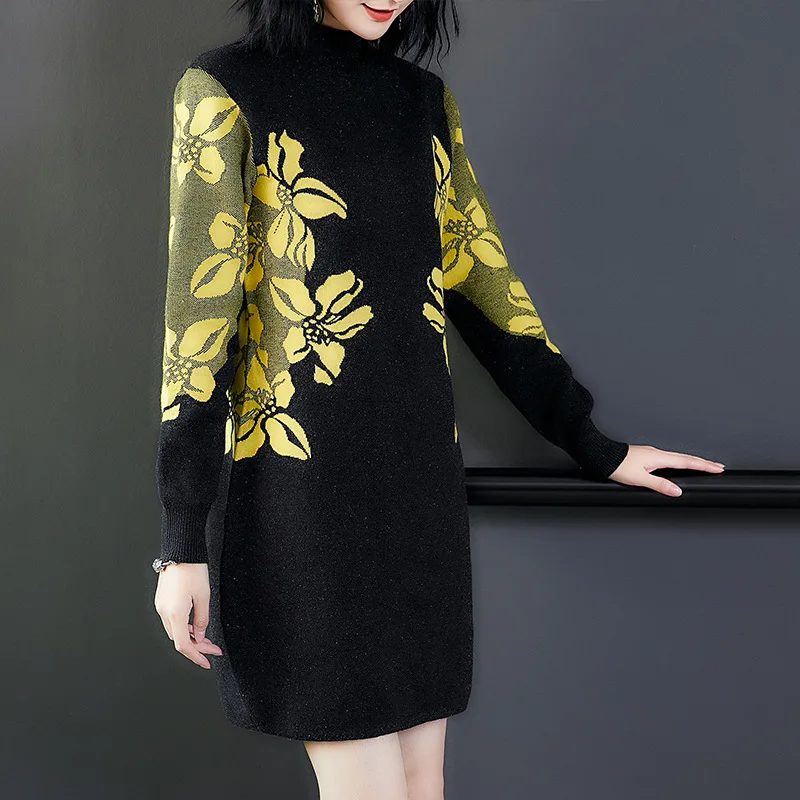 Bayan Yeni Örme Kazak Uzun Kollu Gevşek Örgü Etek Kadın Kazak Ceket Uzun Moda Baskılı Örme İnce Giyim B9707 Görüntü 3