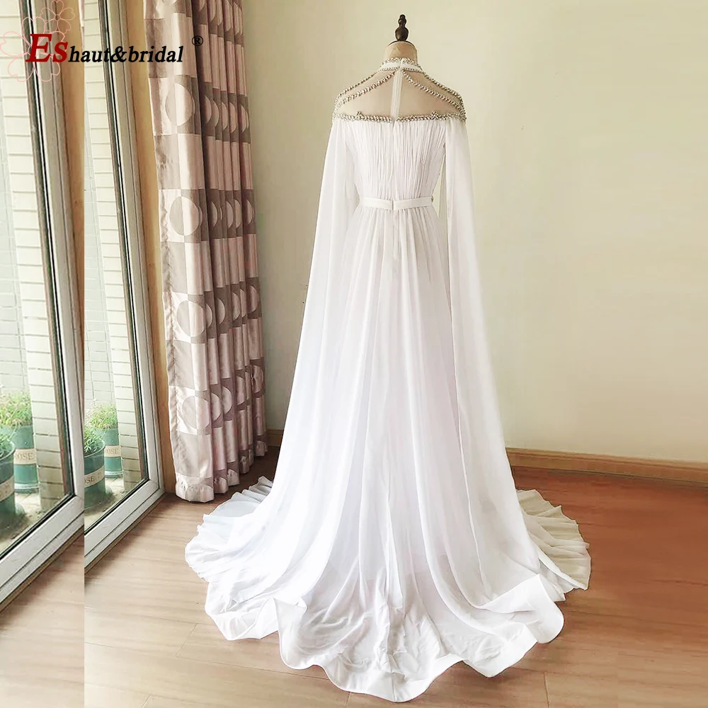 Dubai Şifon Abiye Gece Elbiseleri Aline Kristal El Yapımı Yüksek Boyun Uzun Arapça Örgün Düğün Balo Parti Törenlerinde Görüntü 1