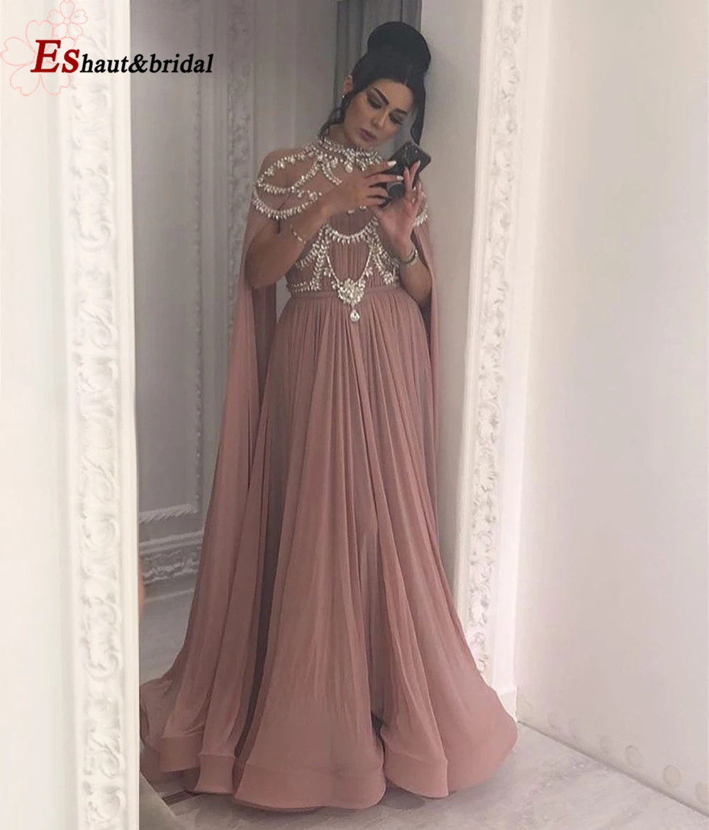 Dubai Şifon Abiye Gece Elbiseleri Aline Kristal El Yapımı Yüksek Boyun Uzun Arapça Örgün Düğün Balo Parti Törenlerinde Görüntü 2