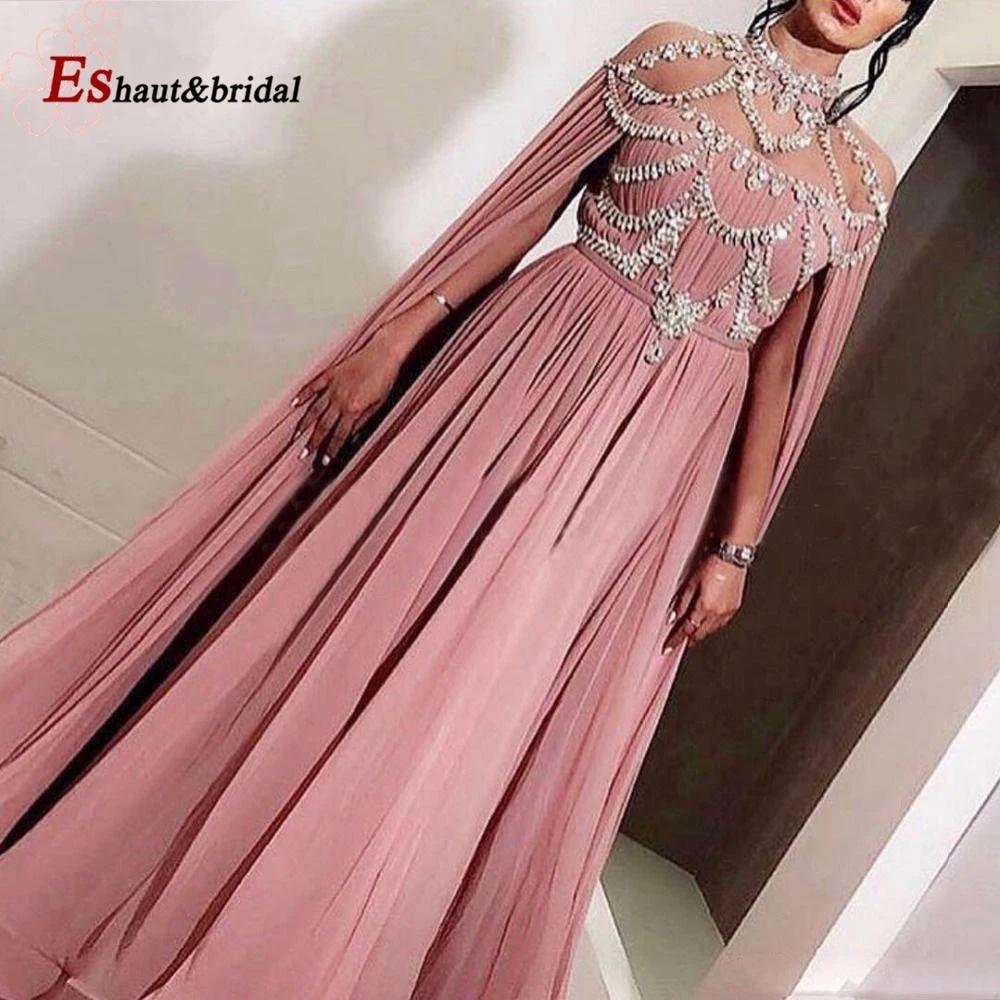 Dubai Şifon Abiye Gece Elbiseleri Aline Kristal El Yapımı Yüksek Boyun Uzun Arapça Örgün Düğün Balo Parti Törenlerinde Görüntü 3