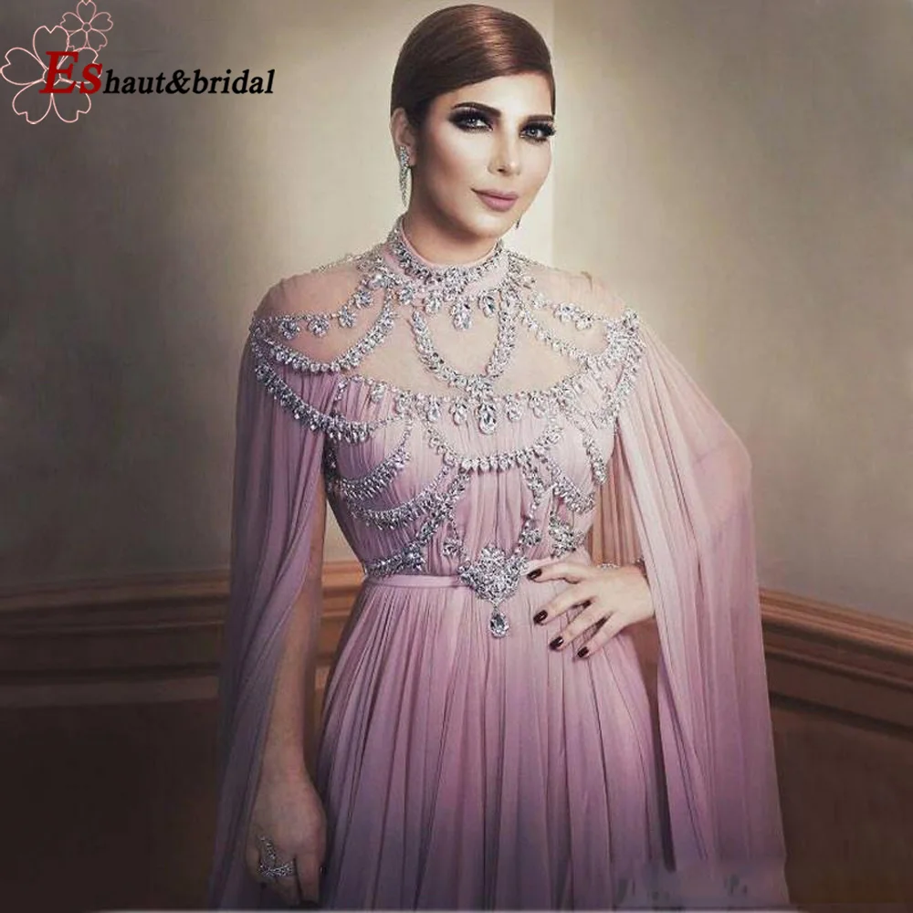 Dubai Şifon Abiye Gece Elbiseleri Aline Kristal El Yapımı Yüksek Boyun Uzun Arapça Örgün Düğün Balo Parti Törenlerinde Görüntü 5
