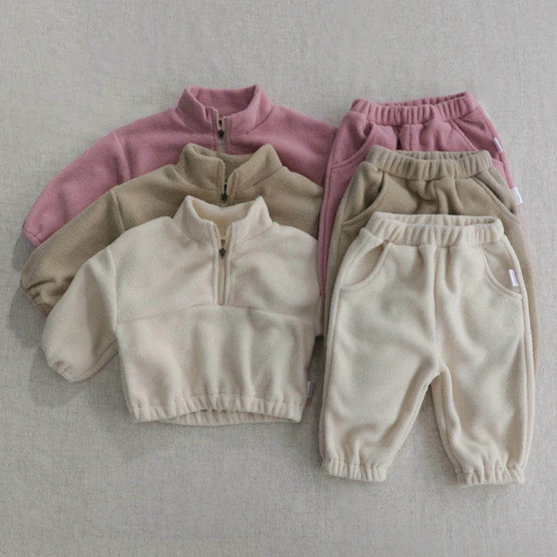 Sonbahar Kış Toddler Bebek Spor Giyim Takım Elbise Bebek Bebek Erkek Kız Peluş Giyim Giyim Seti Uzun Kollu Kazak Tops + pantolon Görüntü 0