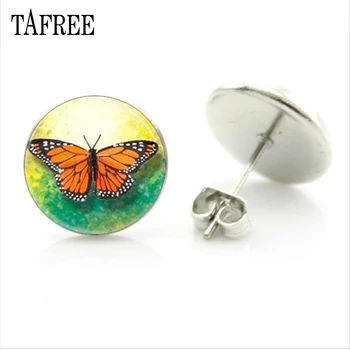 TAFREE Marka Güzel Kelebek Sanat Desenleri düğme küpe Cam Cabochon Dome Küpe Kadınlar Kızlar için moda takı JS135