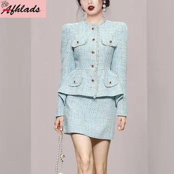 Yeni Moda Püskül Küçük Kokulu Tüvit Uzun Kollu Ceket + Yüksek Bel Bodycon A-Line Etekler Sonbahar Kadın İki parçalı Setleri