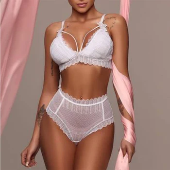 Kadın Sutyen Seti Sütyen Femme Seksi Kadınlar Beyaz Dantel İlmek İç Çamaşırı Sutyen Bandaj Seti Dessous Bodysuit Pijama S-2XL 2020