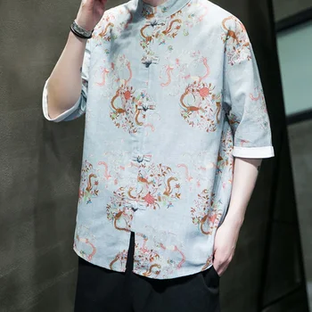 2023 Yeni Çin Tarzı Erkek Üstleri Tang Takım Elbise Keten Yarım Kollu Katı Geleneksel Kung Fu Çin Tarzı Hanfu Gömlek Artı Boyutu M-5XL