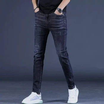 Sonbahar Kış Mavi Siyah Çizgili Kot Erkekler Casual Slim Fit düz Pantolon Streetwear Moda Pamuk Çizik Denim Pantolon