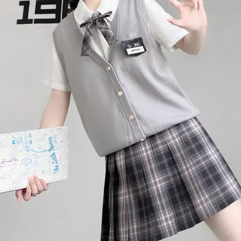 Japon JK Üniforma Örme Yelek okul üniforması Hırka Kore Kız Nakış Haki Gri Üniforma Öğrenci Ceket Kazak