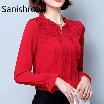 Sanishroly Bahar Sonbahar Kadın Bluz Casual Hollow Out Şifon Bluzlar Kadın Dantel Uzun Kollu Gömlek Beyaz Ofis Tops SE013