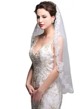 Düğün duvağı 1T Parmak Ucu Uzunluğu Dantel Peçe Gelin İşlemeli Peçe Tarak İle Düğün Başlığı Kadınlar ve Kızlar için