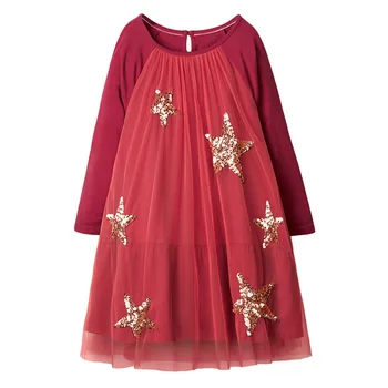 AOSTA BETTY Sonbahar Uzun Kollu Elbise Kız Net iplik Payetli Yıldız pamuklu yuvarlak boyun Çocuk Rahat Kırmızı Elbiseler 2-7years