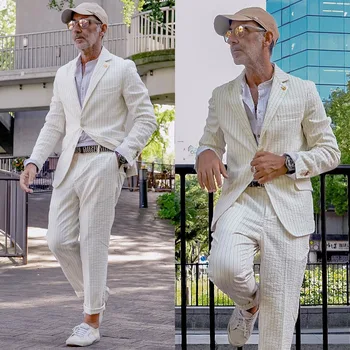 Bej Erkek Takım Elbise 2 Adet Slim Fit Özel Blazer Pantolon Bir Düğme İnce Çizgili Düğün Damat İş Elbisesi Rahat Özel