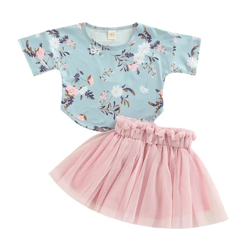 2022-02-15 Lioraitiin 0-3Years Toddler Bebek Kız 2 Adet Giyim Seti Kısa Kollu Çiçek Gömlek Üst Dantel Etek Kıyafet