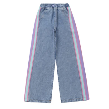 Çocuk Kız Geniş Bacak Pantolon Kot Genç Kızlar İçin Moda Kontrast Renk Şerit Patchwork Pantolon Çocuk Kot Pantolon 2-13Y