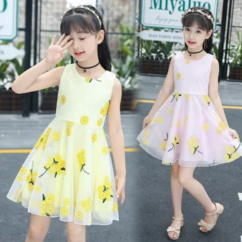 Giysileri Külkedisi 2021 Yaz Nakış Butik Kolsuz Net İplik Prenses Elbise Pembe Sarı Sevimli Kostüm 4-12 Yaşında