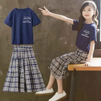Kızlar yaz elbisesi Giyim Büyük Çocuk Çocuklar Mektup Baskı T-Shirt + Ekose Elbise 2 adet Setleri Gençler Vintage günlük giysi Giysi