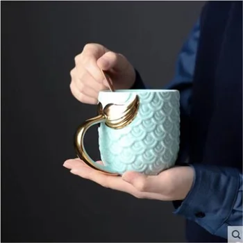 400ml Yaratıcı Altın Denizkızı Kahve Kupa Seramik Sabah süt kupası Seyahat çay bardağı Noel Hediyesi Kız Arkadaşı için Sofra Ev Dekor