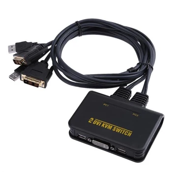 2 Port USB2.0 DVI KVM Switcher Anahtarı Kutusu 2 in 1 Ses Video Kablosu Klavye Fare HD Monitör KVM Anahtarı Bilgisayar İçin