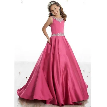 Klasik Pageant Elbise ile Boncuk Kız Düğün doğum günü partisi elbisesi Çocuklar Saten Resmi Elbise için 3-14 Yaşında