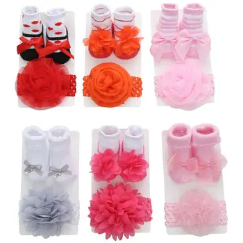 Yenidoğan Bebek Kız Sıcak Pamuk Çorap Toddler Dantel Yay Prenses Sevimli İlmek Çorap + saç bandı Seti Hediyeler