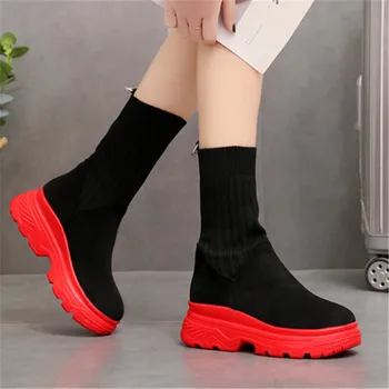 Sonbahar Kış Kadın Siyah yarım çizmeler Streç Kumaş Platformu Takozlar Topuk Çorap Çizmeler Kadın Moda Yüksek topuklu Zapatos De Mujer