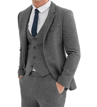 Yeni Gri erkek Takım Elbise 3 Adet Vintage Notch Yaka Balıksırtı Tüvit Smokin Düğün İçin özel boyut (Blazer + yelek + Pantolon)