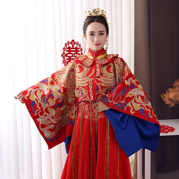 Kırmızı Bahar Sonbahar Especial Moda Çin gelin gelinlik elbise Altın cheongsam Suzhou nakış kadın altın Qipa