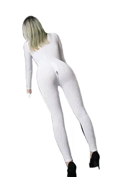 Zip Açık Crotch Egzotik İç Çamaşırı Kadın Çizgili Uzun Kollu Tulum Seksi Teddies Şeffaf Seksi Bodycon Bodysuit Şeffaf Tulum