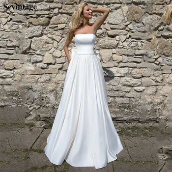 Sevintage Basit Straplez Saten düğün elbisesi Boho Korse Plaj gelinlikler Pleats Kat Uzunluk Prenses Gelin Elbiseler Özel