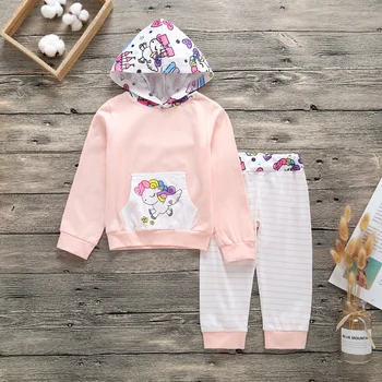 Yeni Sonbahar Kış Moda Bebek Kız Erkek Hoodies Toddler Pamuk Çizgili Kapşonlu Tops uzun pantolon Kıyafetler Set Yenidoğan Çocuk Seti 2 adet