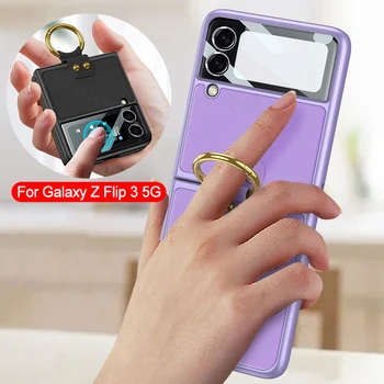 GKK Deri Arka Ekran Cam samsung kılıfı Galaxy Z Flip 3 5G Parmak Yüzük Plastik Çerçeve Sert Kapak Samsung Z Flip3 Kılıfı