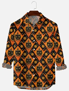 2021 Sıcak Satış 8 Cadılar Bayramı Çizgili Desen Dijital Baskı Gevşek Rahat Büyük Düğme Uzun Kollu Hırka erkek gömleği
